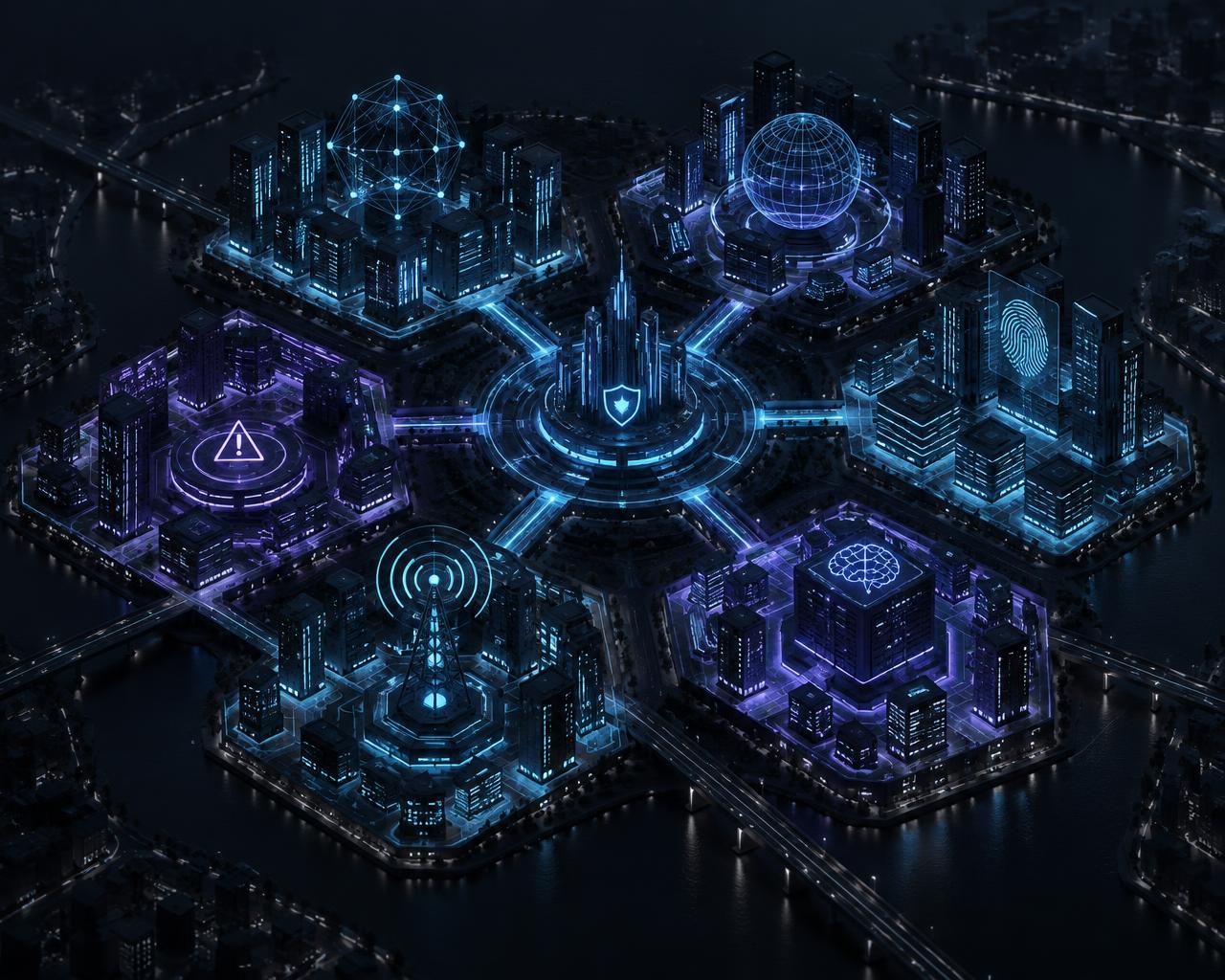 Futuristic cyber city with connected security districts